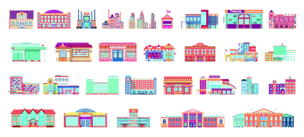 Vector set isolated icons architecture buildings structures bank, pharmacy, school, office building, Town Hall, kindergarten, hospital, police station, institute academy, fire department in flat style